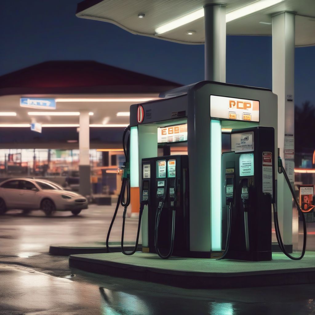 Fuel pump at a bustling gas station